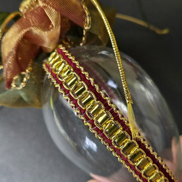 Set Of 3 Clear Heart Christmas Ornaments w Ribbon Roses Gold Green Burgundy Trim - Picture 4 of 7